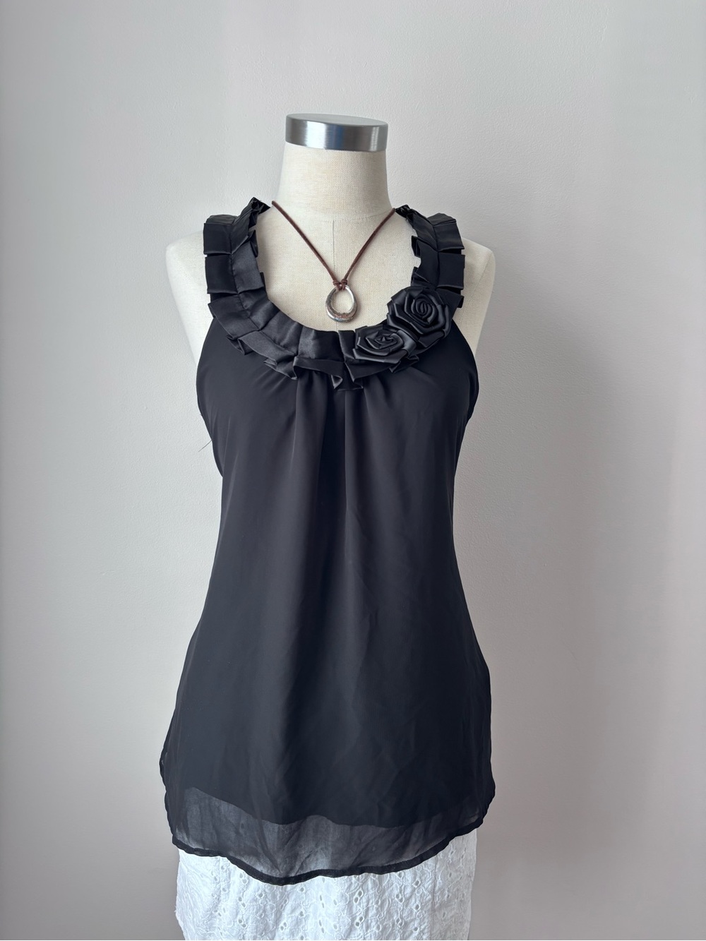Forever 21 Black Ruffle Rose-Trim Sleeveless Tank